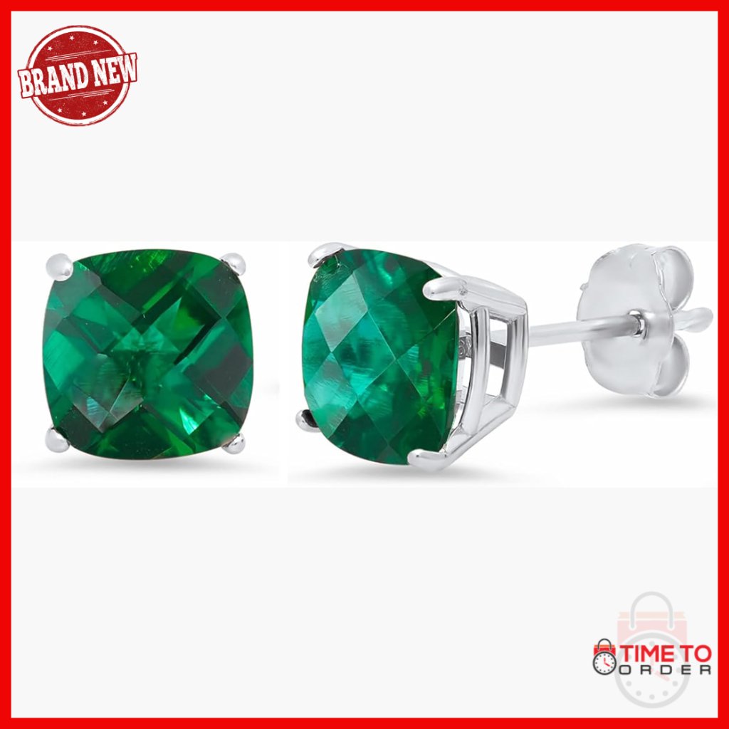 Sterling Silver Cushion Cut Emerald Stud Earrings 8mm